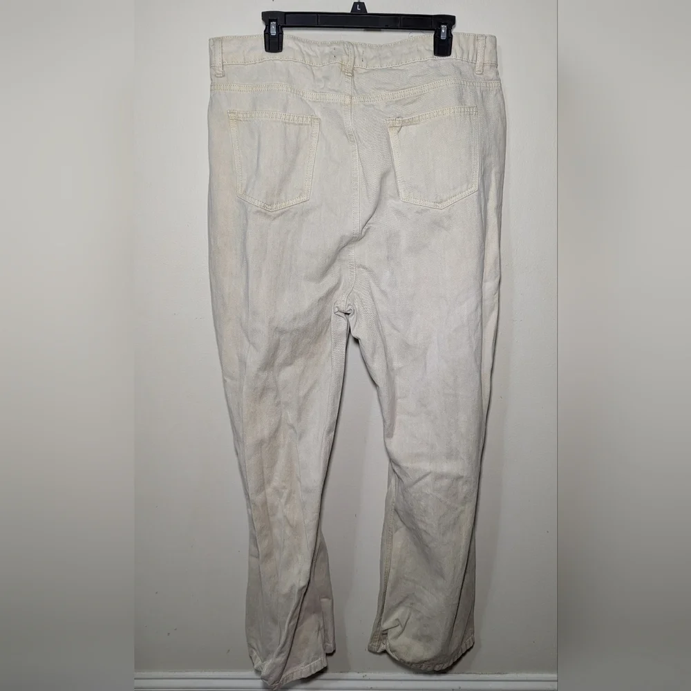 Prettylittlething Grommet Flare Jeans Cream High Waist Cotton Women's Size 14